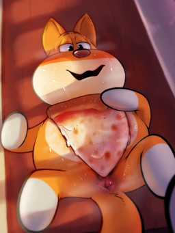 ambiguous_gender anthro anus bodily_fluids food fur light light_beam lying on_back on_ground orange_body orange_fur overweight pizza solo sunbeam sunlight sweat tired white_body white_fur cha0sapien domestic_cat felid feline felis mammal 3:4 absurd_res hi_res