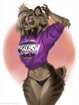 anthro black_clothing black_panties black_underwear brown_body brown_fur clothed clothing ear_piercing ear_ring female fur fur_markings hoodie inner_ear_fluff markings navel panties piercing purple_eyes ring_piercing simple_background solo topwear tuft underwear levelviolet falla_(f-r95) felid mammal prehistoric_species saber-toothed_tiger 3:4 digital_media_(artwork) shaded