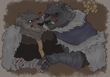anthro armor black_sclera cape clothing duo fangs heart_symbol male male/male melee_weapon purple_eyes sword teeth weapon quetza elden_ring fromsoftware blaidd_(elden_ring) tarnished_(elden_ring) canid canine canis mammal wolf absurd_res hi_res