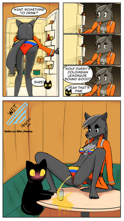 anthro anus appliance bikini bodily_fluids clothing clothing_aside colombia colombian_flag dialogue duo female flag_bikini flag_swimwear fridge genital_fluids genitals kitchen_appliance panties panties_aside peeing peeing_into_container spread_legs spreading swimwear tail text two-piece_swimsuit underwear underwear_aside urine vulva wet-pantsu canid canine canis domestic_cat felid feline felis mammal wolf 4k 9:16 absurd_res comic english_text hi_res
