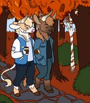 anthro autumn biped black_nose blue_clothing blue_jacket blue_topwear brown_hooves clothed clothing container cup detailed_background duo fully_clothed hooves jacket lgbt_pride male outside pink_nose plant pride_colors shrub standing topwear transgender_pride_colors tree goldiescales anthony_(goldiescales) bovid bovine cattle mammal 2018 trans_(lore) trans_man_(lore)