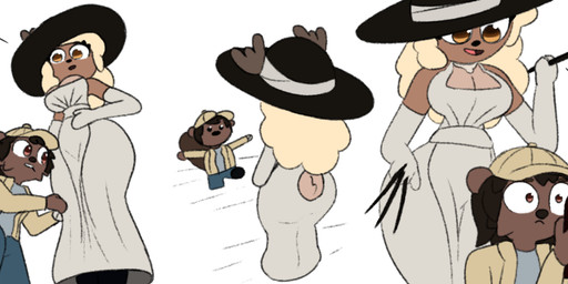 anthro antlers baseball_cap beaver_tail big_breasts black_hair blonde_hair breasts brown_body brown_eyes brown_fur cleavage clothed clothing costume curvy_figure duo female fur hair hat headgear headwear holidays horn larger_female looking_at_another male nervous simple_background size_difference smaller_male smile text thick_thighs white_background wide_hips guak capcom halloween resident_evil resident_evil_8:_village alcina_dimitrescu nora_ashford wade_(guak) beaver deer mammal moose new_world_deer rodent absurd_res english_text hi_res meme