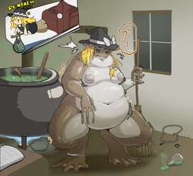 anthro blonde_hair book braided_hair breasts broom brown_body cauldron cleaning_tool clothing crouching dialogue feet female hair hat hat_only headgear headgear_only headwear headwear_only holding_broom holding_cleaning_tool holding_object human_to_anthro inside membrane_(anatomy) mostly_nude navel nipples overweight overweight_anthro solo species_transformation standing surprised text toes torn_clothing transformation webbed_feet window witch_hat axolotl_tf touhou marisa_kirisame amphibian frog human mammal 2025 digital_media_(artwork) english_text japanese_text