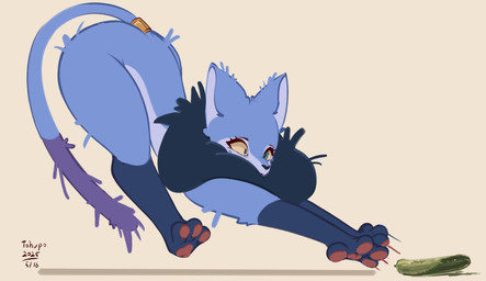ambiguous_gender blue_body blue_fur blue_tail cucumber dipstick_tail food fruit fur jumping leg_markings markings pawpads plant simple_background socks_(marking) solo tail tail_markings tan_background conditional_dnp tohupo mirabella_(tohupo) domestic_cat felid feline felis mammal 2025 absurd_res digital_drawing_(artwork) digital_media_(artwork) hi_res