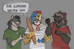 ambiguous_gender anthro baguette blue_hair bread claws clothing controller dialogue facial_hair fangs finger_claws food fur goatee green_clothing green_shirt green_topwear grey_body grey_fur group hair half-closed_eyes holding_controller holding_food holding_object looking_at_another makeup male markings mustache narrowed_eyes pattern_clothing pattern_shirt pattern_topwear red_clothing red_shirt red_topwear scarf shirt snout speech_bubble spots spotted_body spotted_fur striped_clothing striped_shirt striped_topwear stripes teeth text topwear trio yellow_body yellow_fur gureeookami canid canine canis cheetah felid feline gulonine king_cheetah mammal mustelid musteline wolf wolverine 2025 english_text signature