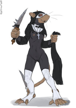 anthro black_body black_fur breasts buckteeth claws clothed clothing cross cross_necklace female fur genitals holding_knife holding_object jewelry knife legwear lingerie necklace nipples nun_outfit partially_clothed red_eyes simple_background small_breasts smile smiling_at_viewer solo standing stirrup_legwear stirrup_stockings stockings teeth vulva weapon white_background sealer4258 warhammer_(franchise) warhammer_fantasy tueetch_ambersnout mammal murid murine rat rodent skaven absurd_res hi_res
