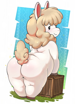 ambiguous_anthro ambiguous_gender anthro big_butt black_eyebrows black_eyes box butt closed_smile container crate eyebrows fur glistening glistening_butt glistening_eyes leaning leaning_forward legs_together looking_at_viewer looking_back looking_back_at_viewer mouth_closed nude nude_ambiguous nude_anthro pink_inner_ear presenting rear_view slightly_chubby slightly_chubby_ambiguous slightly_chubby_anthro smile smiling_at_viewer solo sparkles tail tan_body tan_fur tan_tail white_body white_fur wood_crate wool_(fur) young young_ambiguous young_anthro lkiws alpaca camelid mammal 2026 digital_media_(artwork) hi_res male_(lore)