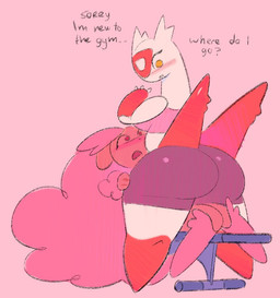 anthro between_legs big_butt black_bottomwear black_clothing black_shorts blush bottomwear breasts brown_body brown_fur butt clothing dialogue duo ears_as_hair eyelashes female female/female female_on_top fur hair multicolored_body on_top pink_background pink_clothing pink_eyes pink_hair pink_topwear red_body shorts simple_background tight_bottomwear tight_clothing topwear weight_bench white_body wings yellow_eyes shgrcube nintendo pokemon generation_3_pokemon generation_4_pokemon latias legendary_pokemon lopunny pokemon_(species) shiny_pokemon