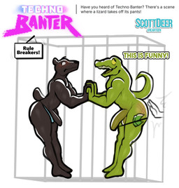 anthro black_body blush butt butt_slap cage clothed clothing duo embarrassed genitals green_body hand_holding male male/male money penis slap smile spank_marks spank_marks_on_ass spanked_butt spanking standing tail text thong thong_down thong_only thong_straps topless underwear underwear_only scottdeer techno_banter nil_(techno_banter) lizard mammal murid murine rat reptile rodent scalie english_text hi_res