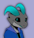 anthro black_eyes blue_eyes clothed clothing grey_body grey_skin hoodie horn looking_at_viewer male scar solo topwear milachu92 yamatokuroko965 side_b kobold reptile scalie artist_collaboration bust_portrait portrait