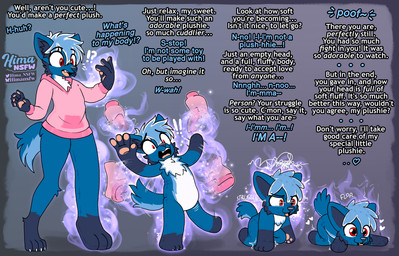 anthro blue_body blue_fur blue_hair clothing dialogue four_frame_sequence fur hair jacket looking_at_hand magic male mental_transformation offscreen_character plushie plushie_transformation red_eyes resisting shocked shrinking size_transformation solo struggling topwear transformation transformation_sequence transformation_through_magic tripping vanishing_clothes wardrobe_malfunction hima_nsfw clicky animate_inanimate canid canine canis coyote living_plushie mammal absurd_res hi_res