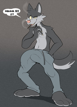 anthro barefoot big_penis black_body black_fur black_tail bottomwear bulge claws clothed clothing dialogue feet fur genitals grey_background grey_body grey_bottomwear grey_clothing grey_fur grey_pants grey_tail hand_in_pocket hand_on_chest male male_anthro navel pants penis pockets red_nose simple_background smile smiling_at_viewer smirk smirking_at_viewer smoke smoking solo speech_bubble standing tail teeth topless topless_anthro topless_male yellow_claws yellow_eyes yellow_fangs yellow_teeth conditional_dnp erobos canid canine canis mammal wolf hi_res