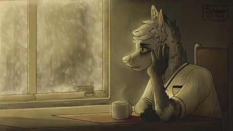anthro arm_support bent_over beverage black_body black_fur chair clothed clothing coffee coffee_mug fully_clothed fur furniture hair head_tuft inside kitchen leaning_on_elbow looking_away lounging male on_chair peaceful raining relaxing sitting sitting_on_chair solo table thinking thoughtful_expression tuft white_body white_fur window easyvock aardwolf hyena mammal 16:9 2020 digital_media_(artwork) digital_painting_(artwork) monochrome painting_(artwork) sepia shaded widescreen