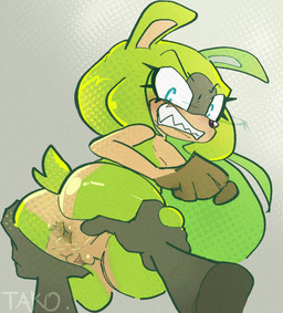 anthro anus big_butt black_nose blue_eyes blush breasts brown_body brown_fur butt clenched_teeth disembodied_hand eyelashes female fur genitals gloves_(marking) green_body green_fur grey_background looking_at_viewer looking_back looking_back_at_viewer markings nude rear_view sharp_teeth simple_background solo spread_butt spreading tan_body tan_fur teeth thick_thighs vulva wide_hips tako_friend idw_publishing sega sonic_the_hedgehog_(comics) sonic_the_hedgehog_(idw) sonic_the_hedgehog_(series) surge_the_tenrec afrosoricid human mammal tenrec hi_res