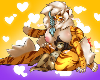 anthro big_breasts black_hair boob_hat breast_size_difference breasts countershading curvy_figure duo eyes_closed female hair heart_symbol nipples nude size_difference thick_thighs voluptuous white_hair wide_hips buxbi moneychan buxbi_(character) cyclops domestic_cat felid feline felis hybrid mammal pantherine tiger 2016 5:4