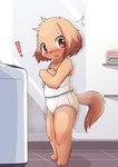 anthro blue_clothing blush bodily_fluids bow_panties bow_underwear brown_eyes camisole clothed clothing colored_edge_camisole colored_edge_panties colored_edge_underwear embarrassed female genital_fluids green_towel laundry loli panties pee_on_clothes peeing pink_towel shocked solo towel underwear underwear_only urine white_camisole white_clothing white_panties white_underwear white_walls young young_anthro mei_(artist) canid canine canis domestic_dog mammal absurd_res hi_res