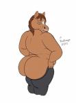 5_fingers anthro big_butt black_bottomwear black_clothing bottomwear brown_body brown_hair brown_skin butt clothed clothing eyelashes female fingers hair humanoid_hands looking_down mane open_mouth overweight overweight_anthro overweight_female pants partially_clothed rear_view simple_background solo standing tailless topless white_background bludingo bojack_horseman netflix hollyhock_(bojack_horseman) equid equine horse mammal 2018 hi_res portrait three-quarter_portrait