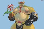 accessory anthro areola armband armwear barazoku beard belly belly_overhang biceps big_areola big_bulge big_muscles big_nipples big_pecs big_penis blue_background body_hair bulge chest_hair clothed clothing cock_ring collar elbow_gloves erection erection_under_clothing eyebrows facial_hair genitals gloves hair handwear happy_trail holding_object horn huge_areola huge_bulge huge_muscles huge_pecs huge_penis humanoid_genitalia humanoid_penis ineffective_clothing jewelry kemono latex latex_clothing latex_gloves latex_handwear leaf lips looking_at_viewer male musclegut muscular muscular_anthro muscular_male navel nipples non-mammal_nipples overweight overweight_anthro overweight_male pecs penis penis_accessory penis_base penis_jewelry plant plant_pot potted_plant pubes simple_background smile solo spiked_armband spiked_cock_ring spiked_collar spikes standing thick_arms thick_penis thick_thighs thong tongue tongue_out topless topless_anthro topless_male underwear vein mako_pbw mario_bros nintendo bowser elemental_creature flora_fauna koopa piranha_plant scalie 2025 absurd_res hi_res