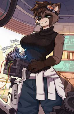 anthro biped black_clothing black_topwear blinds blue_clothing blue_topwear breasts brown_arms brown_body brown_claws brown_ears brown_fingers brown_fur brown_hair brown_hands brown_nails brown_nose cable claws closed_smile clothed clothed_anthro clothed_female clothing colored_nails drilling electronic electronic_device emanata eyewear eyewear_on_head female fur gear goggles goggles_on_head green_eyes hair looking_down machine mechanical_arm medium_breasts mouth_closed nail nails onomatopoeia open_window scientific_experiment screen short_hair smile snout solo sound_effects sparks sweater sweater_around_waist tan_inner_ear teeth text topwear turtleneck whirring wire conditional_dnp skandiniwi mammal procyonid raccoon 2026 colored digital_drawing_(artwork) digital_media_(artwork) hi_res