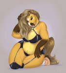 anthro big_breasts bra breasts clothing eyes_closed female garter_belt garter_straps hair hooves lingerie long_hair open_mouth simple_background sitting slightly_chubby slightly_chubby_female solo thick_thighs underwear yellow_body feralfelony nei_(cathaus) equid equine horse mammal pony hi_res