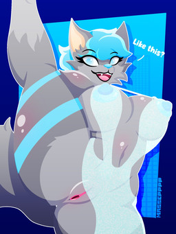 anthro blue_eyes clothing female fiora_blue flashing flashing_pussy looking_at_viewer nude smile smiling_at_viewer solo translucent translucent_clothing massepppp canid canine canis mammal wolf 3:4 hi_res