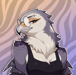 anthro beak breasts clothed clothed_female clothing curved_beak eyebrow_piercing eyebrows eyewear facial_piercing feathers female glasses grey_body grey_feathers neck_tuft non-mammal_breasts piercing purple_eyes round_glasses shirt solo tank_top topwear tuft wearing_glasses budoti avian bird falcon falconid bust_portrait hi_res portrait