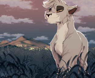 black_nose cheek_tuft cloud facial_tuft female feral fluffy fur grass grey_body grey_fur hair mountain outside plant red_eyes red_inner_ear sky solo tuft white_body white_fur shyryp felid lion mammal pantherine absurd_res digital_media_(artwork) hi_res