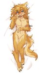 alternate_species anthro blonde_hair blue_eyes claws featureless_crotch fur furrification hair male navel simple_background solo yellow_body yellow_fur altern015 breath_of_the_wild nintendo the_legend_of_zelda link canid canine canis mammal wolf 2023 4:7 absurd_res hi_res signature