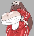 anthro big_breasts bodily_fluids bottomwear breasts cleavage clothed clothing female grey_background huge_breasts pants shirt simple_background solo sweat topwear solratic beastars kyuu_(beastars) domestic_rabbit lagomorph leporid lop_rabbit mammal oryctolagus rabbit hi_res