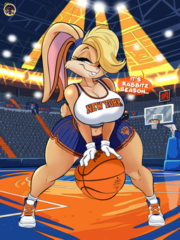 anthro basketball basketball_court bottomwear breasts buckteeth cleavage clothed clothing female footwear gloves handwear holding_basketball inside navel rabbit_ears scut_tail shoes short_tail skirt solo speech_bubble tail teeth white_clothing white_gloves white_handwear inkit89 looney_tunes new_york_knicks warner_brothers lola_bunny lagomorph leporid mammal rabbit absurd_res hi_res