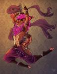 anthro armpit_hair barefoot biped blue_eyes body_hair brown_body brown_fur clothed clothing dancing feet fur hair half-closed_eyes harem_jewelry harem_outfit harem_pants jewelry looking_at_viewer male narrowed_eyes pink_nose pose pubes purple_body purple_fur purple_hair raised_arm raised_tail skimpy solo stripes tail teeth text topless kaylii strobes felid feline lynx mammal 2016 english_text hi_res signature