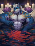 abs anthro biceps black_nose blue_body blue_eyebrows blue_fur blue_tail candle claws eyebrows flower fur hair horn looking_at_viewer male markings muscular muscular_anthro muscular_male navel orange_eyes orange_markings pecs petals plant purple_markings rose_petals sitting_in_water solo tail tuft water wet white_body white_claws white_fur white_hair white_horn kult2k lugerdius canid canine canis mammal wolf absurd_res hi_res