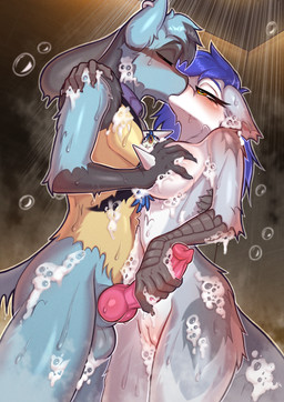 5_fingers animal_genitalia animal_penis anthro balls beak breast_grab breasts canine_genitalia canine_penis claws collar drops duo erection eyes_closed female feral fingers foam genitals hand_on_breast kissing knot knotted_penis male male/female nude penis penis_grab shower soap soap_bubbles vulva wet wet_body ettomi phluks nintendo pokemon basinu_(lucario_gaymer) gabriel_serealia north_(gabriel_serealia) avian bird enfield generation_4_pokemon lucario pokemon_(species) hi_res