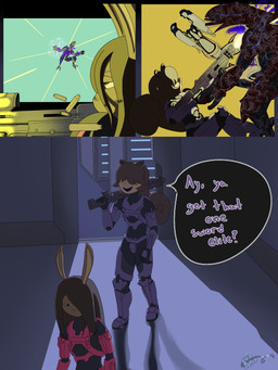 anthro blood bodily_fluids comic_panel gore group gun male ranged_weapon weapon eviljonte halo_(series) microsoft xbox_game_studios janis_(twang) stacy_(peculiart) alien kig-yar lagomorph leporid mammal rabbit rodent ruuhtian sangheili scalie sciurid tree_squirrel 3:4 absurd_res comic hi_res