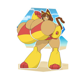 anthro big_breasts breasts brown_eyebrows brown_hair brown_tail clothing eyebrows female hair huge_breasts hyper hyper_breasts looking_at_viewer solo standing swimwear tail whiskers thelazydreamer gameoverse glitch_productions kit_bodega domestic_cat felid feline felis mammal 1:1 2026 absurd_res hi_res