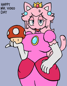 anthro armwear big_breasts blue_eyes breasts clothing cosplay costume crown ear_piercing ear_ring elbow_gloves female fungus gloves hair handwear headgear looking_at_viewer mushroom piercing pink_body pink_clothing pink_hair ring_piercing sharp_teeth solo super_mushroom tail teeth spicyredacted mar10_day mario_bros nintendo princess_peach sarah_kattina_(spicysierra) domestic_cat felid feline felis goo_creature mammal hi_res