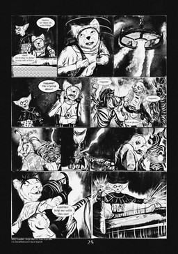 10_panel_comic 5_fingers ambiguous_gender anthro attack biped black_eyes black_hair black_nose black_text clothed clothing dialogue exclamation_point eyes_closed eyewear fingers glasses group hair holding_melee_weapon holding_object holding_weapon looking_at_another male melee_weapon mummy_wrappings open_mouth page_number sharp_teeth speech_bubble standing talking_to_another teeth text tongue tongue_out weapon white_sclera white_text wounded yelling leprzil canid canine cobra domestic_cat felid feline felis gulonine mammal marten mummy murid murine mustelid musteline oriental_shorthair rat reptile rodent scalie snake undead 2025 artist_name comic english_text hi_res monochrome