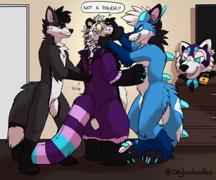 anthro biped black_body black_fur blue_body blue_claws blue_fur bound cheek_tuft chest_tuft claws clothing costume dialogue dipstick_tail door drawer dressing electronics encasement facial_tuft featureless_crotch floor fur furry_wearing_fursuit fursuit gloves_(marking) green_eyes group hair inside lock male male/male markings mask multicolored_body multicolored_fur multicolored_tail nude open_mouth plushification questionable_consent speech_bubble standing tail tail_markings teeth television text toe_claws tuft wall_(structure) white_body white_fur white_hair zipper skylardoodles kieran_(homphs) canid canine felid mammal pantherine snow_leopard 2021 6:5 absurd_res character_request digital_media_(artwork) english_text hi_res signature