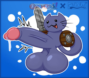 balls big_balls big_penis blue_body blue_border bodily_fluids border dripping genital_fluids genitals glans happy huge_penis humanoid_genitalia humanoid_penis hyper hyper_genitalia hyper_penis male melee_weapon penis precum precum_drip shield simple_background solo sword throbbing throbbing_penis vein veiny_penis weapon henrique_rick epic_battle_fantasy nolegs_(ebf) domestic_cat felid feline felis humanoid mammal hi_res