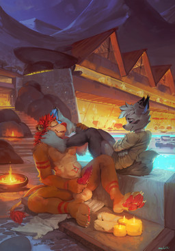 anthro anthro_on_anthro balls blue_eyes blue_pawpads blush duo eyes_closed feet fire foot_fetish foot_on_face fur genitals grey_body grey_fur hair knot knotted_penis male male/male narrowed_eyes non-canine_knot orange_body orange_fur pawpads penis red_hair red_nose red_pawpads restraints short_hair sitting straitjacket striped_arms striped_legs tan_balls tan_body tan_fur water white_body white_fur white_hair white_straitjacket oselotti canid canine felid lion mammal pantherine 2025 absurd_res hi_res