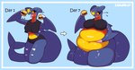 anthro before_and_after belly belly_expansion big_belly big_breasts big_butt blue_body bodily_fluids bottomwear breast_expansion breasts burger butt clothed clothing eating eating_food expansion female fin food growth hand_on_belly huge_belly huge_breasts navel obese overweight overweight_anthro overweight_female partially_clothed red_body sequential_arrow shorts sleeveless solo spikes text thick_thighs thigh_expansion weight_gain wide_hips worried yellow_body zegorav nintendo pokemon garchomp generation_4_pokemon humanoid pokemon_(species) 2024 artist_name colored digital_media_(artwork) english_text hi_res sequence shaded