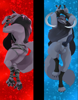 4_fingers 4_toes abstract_background animal_genitalia animal_penis anthro arm_tuft arm_wrapping arm_wraps arms_above_head athletic athletic_anthro athletic_male balls black_penis blue_background bottomless bound bulge butt canine_genitalia canine_penis casual_erection casual_exposure cheek_tuft claws cloak clothed clothed_anthro clothed_male clothing crossed_arms dakimakura digitigrade dual_wielding elbow_tuft erection facial_markings facial_tuft feet fingers fluffy fluffy_tail front_view fur fuzzy genitals glowing glowing_eyes grey_body grey_fur grin half-closed_eyes half-erect head_markings head_tuft holding_object holding_weapon knot leg_wraps legs_tied looking_at_viewer looking_back lying male male_anthro markings mask_(marking) multiple_poses muzzle_(object) muzzled narrowed_eyes on_back on_front partially_clothed pawpads penis pointy_ears poncho pose prick_ears pupils raised_arms raised_leg rear_view red_background red_eyes seductive sheath sickle simple_background smile solo tail teeth tied_muzzle toes tuft weapon white_pupils wrapped_arms wrapped_legs wrappings wraps weskers dreamworks puss_in_boots_(franchise) death_(puss_in_boots) canid canine canis mammal wolf dakimakura_design hi_res multiple_images