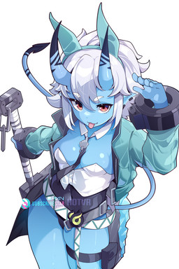 belt belt_pouch blue_body breasts bunny_costume clothing costume fake_ears fake_rabbit_ears female hair high-angle_view holding_object holding_weapon horn humanoid_pointy_ears jacket leotard looking_at_viewer markings melee_weapon not_furry pointed_tail pointy_ears red_eyes simple_background small_breasts solo tail tongue tongue_out topwear weapon white_background white_hair hotvr_(artist) asian_mythology east_asian_mythology japanese_mythology mihoyo mythology zenless_zone_zero soukaku demon horned_humanoid humanoid oni yokai 2024 2:3 digital_drawing_(artwork) digital_media_(artwork) hi_res