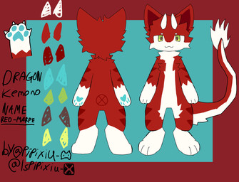 anthro blue_pawpads dragon_tail fur horn kemono male pawpads paws red_body red_fur smile solo pixiu_nsfw mythology red_marpe dragon mythological_creature mythological_scalie scalie hi_res model_sheet