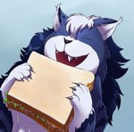 anthro claws eyes_closed fangs food fur hair happy holding_food holding_object holding_sandwich male open_mouth sandwich_(food) smile solo teeth shenzel shenzel_(shenzel) domestic_cat felid feline felis mammal 2020 hi_res