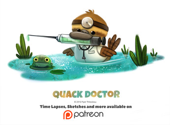 ambiguous_gender anthro beady_eyes black_eyes brown_wings doctor duo feathered_wings feathers feral head_mirror humor lily_pad medical_instrument medical_syringe name_tag plant pun scientific_instrument simple_background stethoscope swimming syringe text visual_pun water white_background wings yellow_eyes piper_thibodeau amphibian anatid anseriform avian bird duck frog 2016 digital_media_(artwork) digital_painting_(artwork) english_text painting_(artwork)
