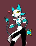 anthro black_clothing black_legwear cable_tail clothing electrical_cord electrical_plug electrical_plug_tail featureless_chest female legwear machine plug simple_background solo standing steel tail squidking deltarune undertale_(series) tasque_manager darkner domestic_cat felid feline felis mammal robot signature