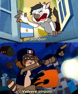 4_fingers anthro argentine_flag beard bent_arm black_bottomwear black_clothing black_fingerless_gloves black_gloves black_hair black_handwear black_helmet black_tail black_topwear black_vest blue_sky bottomless bottomless_anthro bottomless_female bottomwear breasts brown_body brown_eyes brown_freckles brown_fur brown_hair brown_nose brown_tail building ceiling clothed clothed_anthro clothed_female clothed_male clothing duo facial_hair fangs featureless_breasts female fence fingerless_gloves fingers freckled_face freckles fully_clothed fully_clothed_anthro fully_clothed_male fur gesture gloves grey_clothing grey_shirt grey_t-shirt grey_topwear hair hand_gesture handwear house leaning male markings medium_hair mexican_flag motorcycle motorcycle_helmet multicolored_body multicolored_fur narrowed_eyes night no_pupils open_clothing open_topwear open_vest outside palm_tree pink_tongue plant pointing riding_motorcycle shirt short_hair sky sparkles sparkling_eyes squint striped_markings striped_tail stripes stubble t-shirt tail tail_markings teeth text tongue topwear tree two_tone_tail vehicle vest wall_(structure) white_body white_fur yelling yelling_at_another ractoons the_looney_tunes_show warner_brothers colty_(colty8) raquel_(ractoons) equid equine horse mammal procyonid raccoon 2024 digital_drawing_(artwork) digital_media_(artwork) flat_colors hi_res multiple_scenes redraw spanish_description spanish_text translation_check translation_request url