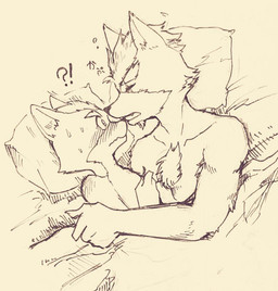 anthro beard bed bedding bite blanket blush bodily_fluids chest_fur chest_tuft duo facial_hair fur furniture hair hug interrobang lying male male/male nose_bite on_bed on_side pillow romantic romantic_couple scar short_hair sleeping sweat tuft jungle_poppo lilith_(artist) nintendo star_fox fox_mccloud wolf_o'donnell canid canine canis fox mammal wolf 2015 black_and_white monochrome traditional_media_(artwork)