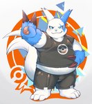 anthro belly blue_body blue_fur blue_nose blush bottomwear clothing fur kemono male one_eye_closed overweight overweight_male shirt shorts solo tail topwear white_body white_fur wink aotoaka nintendo pokemon generation_3_pokemon pokemon_(species) shiny_pokemon zangoose 2021 absurd_res hi_res